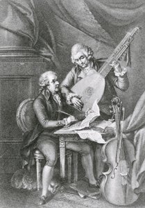Portret van Franz Joseph Haydn en Wolfgang Amadeus Mozart die muziek componeren voor de luit, gegraveerd door Michele Benedetti door John Francis Rigaud