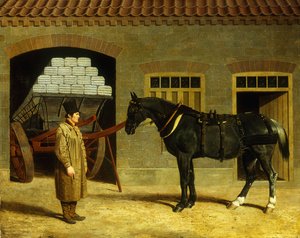 Een trekpaard en voerman buiten een stal, 1827