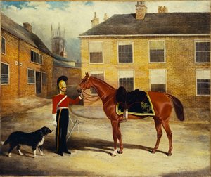 Een Officier van de Dragonders, Karabiniers met zijn Paard in de Kazerne, 1839