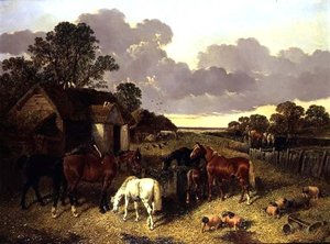 Paarden, varkens, pluimvee, eenden en vee in een boerenerf