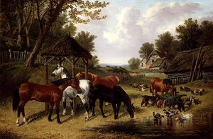 Paarden bij een boerenerf vijver door John Frederick Herring Senior