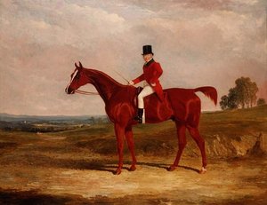 Sir Hugh Hamilton Mortimer, Meester van de Old Surrey Foxhounds, op een kastanjebruine jager in een uitgestrekt landschap