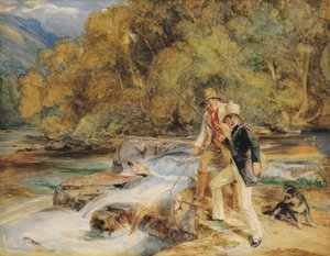Sir Edwin Landseer, R.A. met een ghillie aan het vissen op zalm, mogelijk aan de rivier Dart, nabij Holne, Devon
