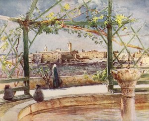De Geboortekerk in Bethlehem, vanaf een tuin op de tegenoverliggende heuvel