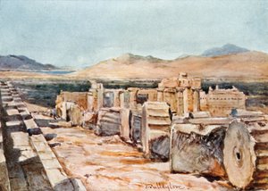 De Propylaea vanaf de noordelijke rand van het platform van het Parthenon