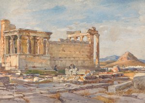De zuidkant van het Erectheum, met de fundering van de vroegere tempel van Athena Polias