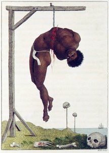Een zwarte persoon levend opgehangen aan de ribben aan een galg, gepubliceerd 1796