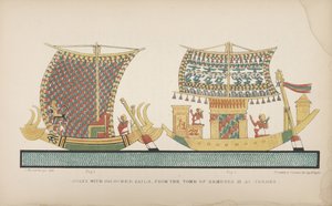 Boten met gekleurde zeilen, uit het graf van Remeses III in Thebe, illustratie uit "Manners and Customs of the ancient Egyptians...", 1837-41 door John Gardner Wilkinson