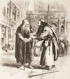 Illustratie voor De Koopman van Venetië, Shylock en Tubal ontmoeten elkaar op straat, Act III, Scene I, uit 
