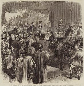 Het bezoek van de koningin aan de stad, ontvangst van Hare Majesteit aan het Surrey-einde van de nieuwe Blackfriars-brug door John Gilbert