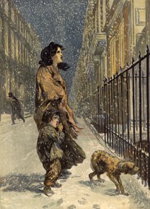 De dakloze armen, moeder en kind met hond in de sneeuw door John Gilbert