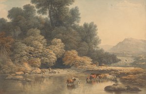 Heuvelachtig landschap met rivier en vee door John Glover