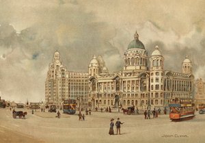Liverpool: Kantoren van de Mersey Docks en Harbour Board, Het Liver Building, enz., Toegang tot de Landing Stage door John Glynn