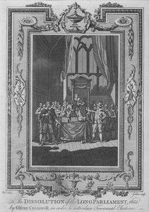 De ontbinding van het Lange Parlement, 1653, door Oliver Cromwell, om de Driejarenwet in te voeren
