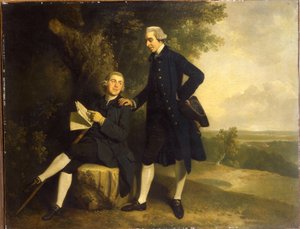 Dubbelportret van Thomas Somers Cocks en Richard Cocks van Castleditch, Beiden Klein Volledig, de Eerste in een Blauwe Jas en Vest met een Zwarte Driekantige Hoed, de Laatste Zittend in een Blauwe Jas en Vest met een Manuscript, in een Landschap door John Hamilton Mortimer