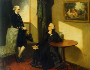 Dubbelportret van de Eerwaarde John Cocks en James Cocks, beiden klein op volledige lengte, de eerste in geestelijke kleding zittend op een blauw-wit gestoffeerde stoel, de laatste in een blauwe jas en vest leunend tegen een soortgelijke stoel, in een inte