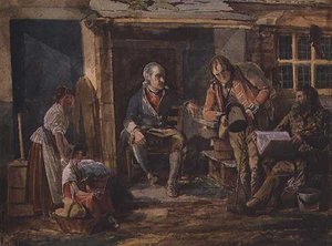 Groep inclusief een soldaat buiten een huisdeur door John Harden