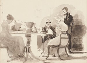 Man staand aan een tafel met drie zittende vrouwen