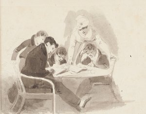 Twee jongens die huiswerk maken, 1811 door John Harden
