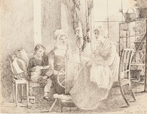Vrouwen aan het spinnenwiel en een jongen met een speelgoedboot, 1807