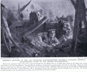 Korporaal Selwood won een DCM voor het observeren van Duitsers die dicht bij Britse versperringen verkennen in Le Gheer april 1915 door John Harris Valda