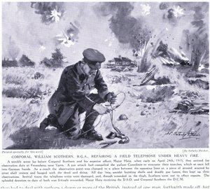 Korporaal William Scothern RGA repareert een veldtelefoon onder zwaar vuur, bekroond met DCM Ypres mei 1915