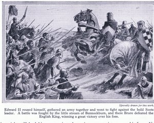 Edward II verzamelde een leger en vocht een slag bij Bannockburn 1314 AD, waar Bruce de Engelsen versloeg, ca. 1950