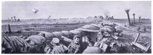 Gasaanval op de loopgraven van de 2e Lancashire Fusiliers waarbij soldaat Lyn zijn leven verloor maar het VC won. Ieper april 1915 door John Harris Valda