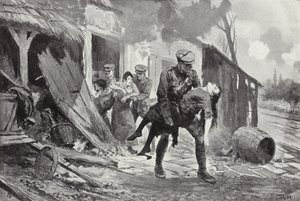 Kanonier J Rafferty draagt een gewonde vrouw naar veiligheid vanuit een boerderij die werd beschoten, Eerste Wereldoorlog door John Harris Valda