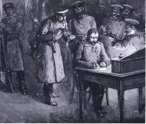 Prins Alexander ondertekent zijn abdicatie 1886, illustratie uit Hutchinsons History of the Nations VOL 4 c.1920s door John Harris Valda