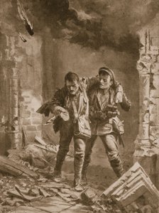 Soldaat A.E. Walker helpt een gewonde kameraad uit een brandende kerk die als ziekenhuis werd gebruikt
