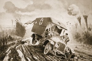 Soldaat Adams gaat de gewonden helpen in een motorambulance die in een granaatgat was gereden terwijl hij onder vuur lag door John Harris Valda