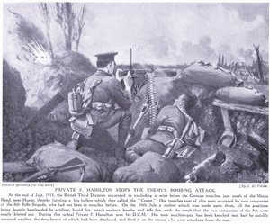 Soldaat F Hamilton bekroond met de DCM door het stoppen van de vijandelijke bomaanval juli 1915 in Hooge door John Harris Valda