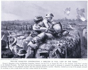 Soldaat Hamilton bouwt een schuilplaats in het volle zicht van de Turken bij de Lone Pine loopgraven op het Gallipoli-schiereiland augustus 1915
