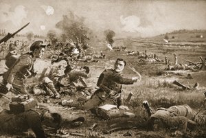Sergeant B.C. Shea moedigt de mannen van zijn regiment aan na ernstig gewond te zijn geraakt bij Rouges Bancs door John Harris Valda