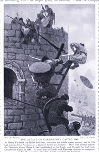 De aanval op Carmarthen Castle AD1136, jaren 1920 door John Harris Valda