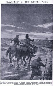 Reizigers in de middeleeuwen. Wanneer de duisternis viel, zochten reizigers naar de lichten van een klooster, c.1950