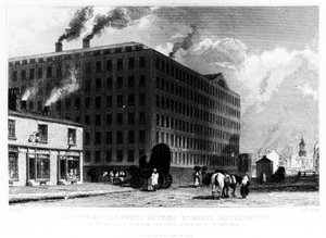 De Twistfabriek, Oxford Street, Manchester, gegraveerd door John McGahey, 1829