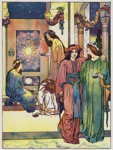 De meisjes staan op en trimmen hun lampen (kleur litho)