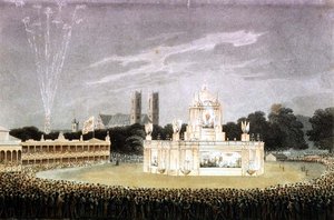 Vuurwerkshow gehouden in Green Park ter viering van de nederlaag van Napoleon, gegraveerd door Matthew Dubourg, uitgegeven 1814 door John Heaviside (after) Clark