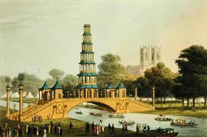 De Chinese brug en pagode, opgericht in het park ter herdenking van de Glorieuze Vrede van 1814, gegraveerd door Matthew Dubourg door John Heaviside (after) Clark