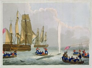 Boten naderen een walvis, gegraveerd door Matthew Dubourg, uitgegeven door Edward Orme, 1813