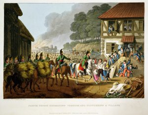 Franse troepen die zich terugtrekken en een dorp plunderen, gegraveerd door Matthew Dubourg uit 
