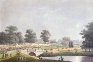 Het uitzicht op de kermis in Hyde Park, gegraveerd door Matthew Dubourg, 1 augustus 1814 (gekleurde gravure) door John Heaviside Clark