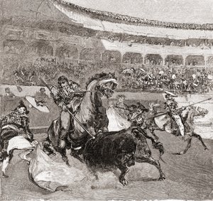 een stierengevecht in Sevilla, Spanje, uit The Century Illustrated Monthly Magazine, gepubliceerd 1884