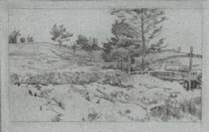 Landschap met Stenen Muur (schets van velden) door John Henry Twachtman