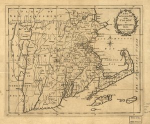 Een nieuwe en nauwkeurige kaart van de kolonie Massachusetts Bay in Noord-Amerika, afkomstig van een late survey. LOC 2001620337 door John Hinton