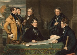 Een consultatie voorafgaand aan een luchtreis van Londen naar Wellburg in Nassau op 7 november 1836, gepubliceerd 1843 door John Hollins