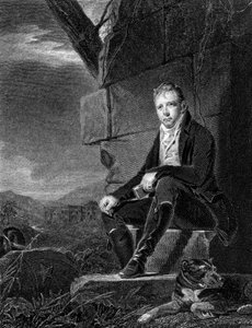 Walter Scott, Schotse dichter en romanschrijver, zittend op een steen, vergezeld door een hond
