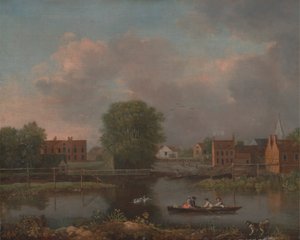 Een rivierlandschap, mogelijk een uitzicht vanaf het westelijke uiteinde van de Rochester-brug door John Inigo Richards RA